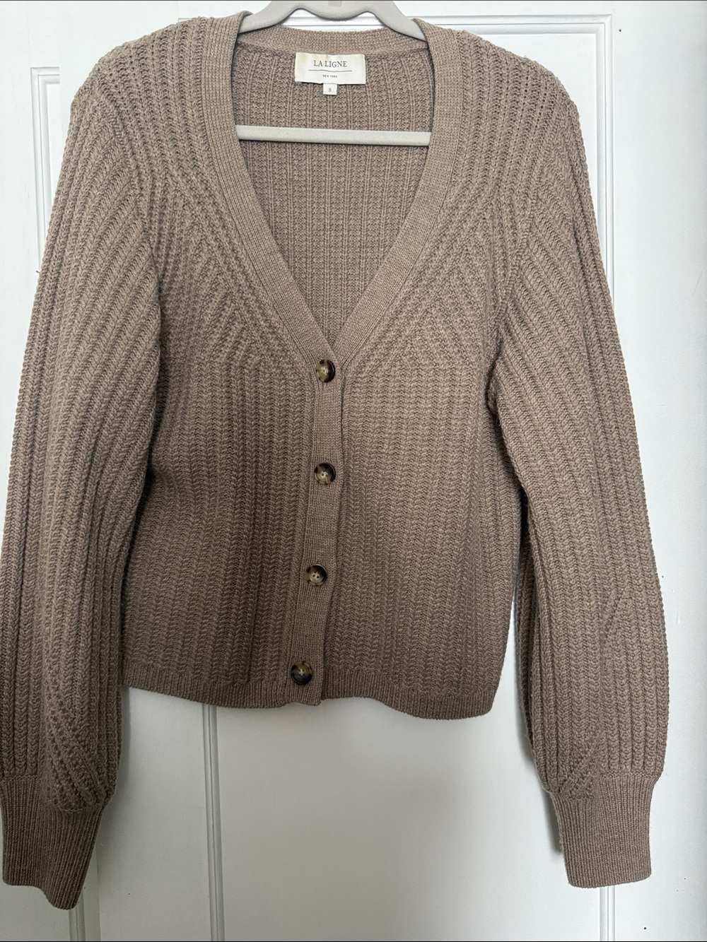 La Ligne Taupe Ribbed V-Neck Button-Up Cardigan